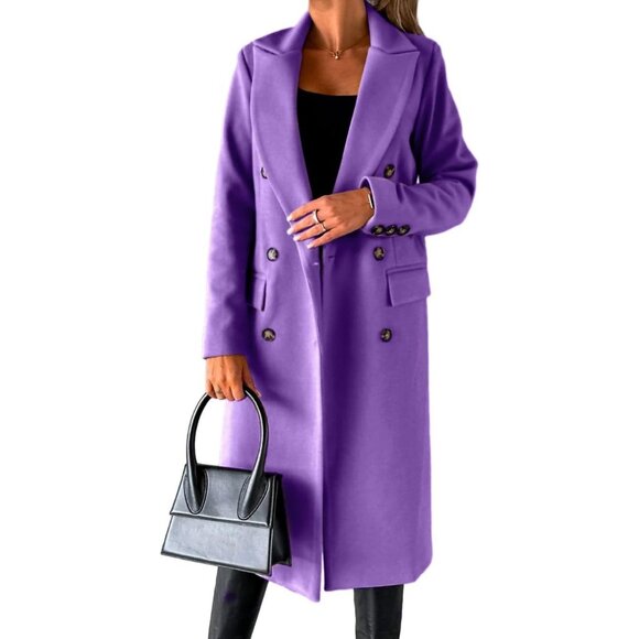Jackets & Blazers - Women's Purple Long Wool Double-Breasted Trench Coat for Fall & Winter